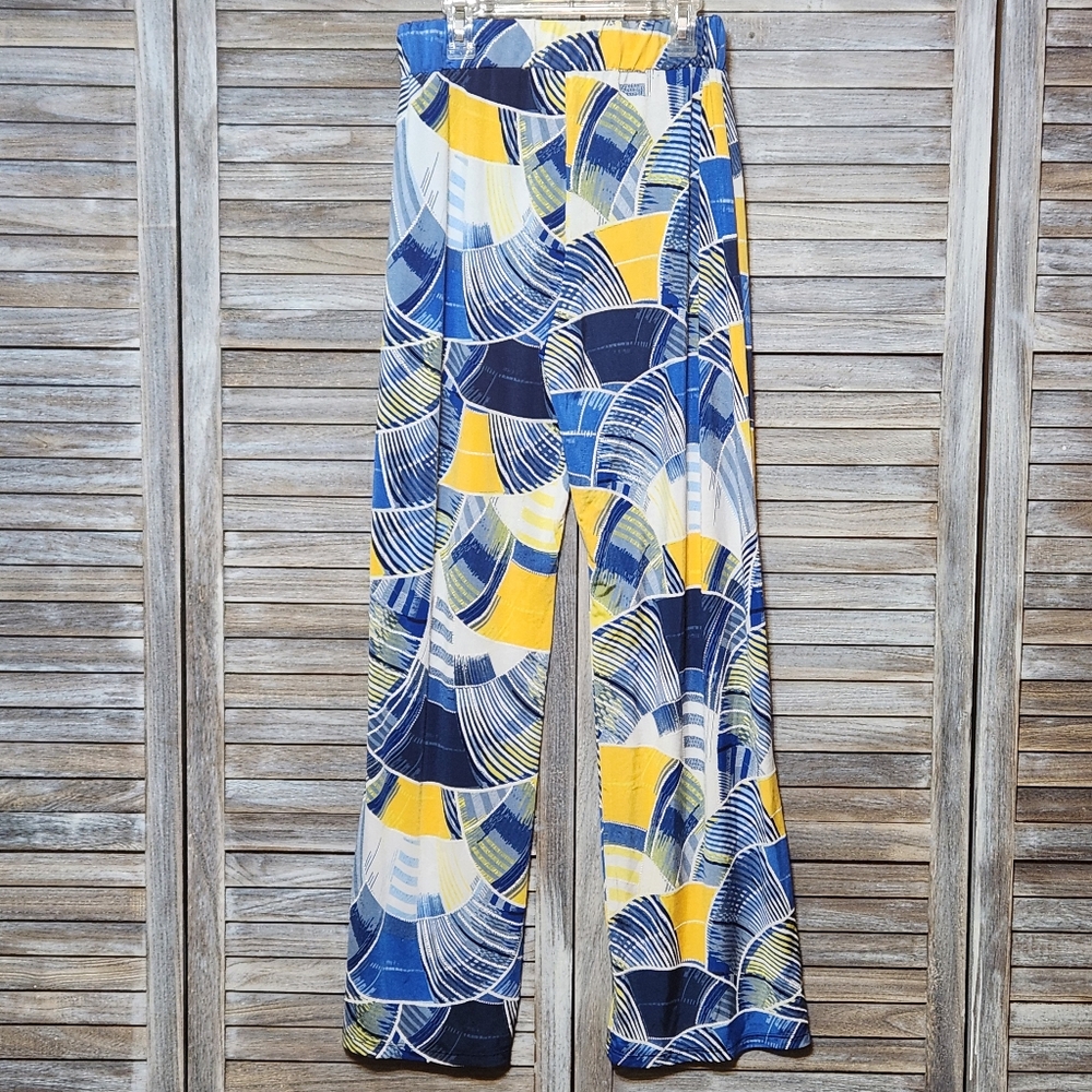 Fashque Style Summer Trousers Lightweight Flowy Palazzo Yellow Blue White Medium